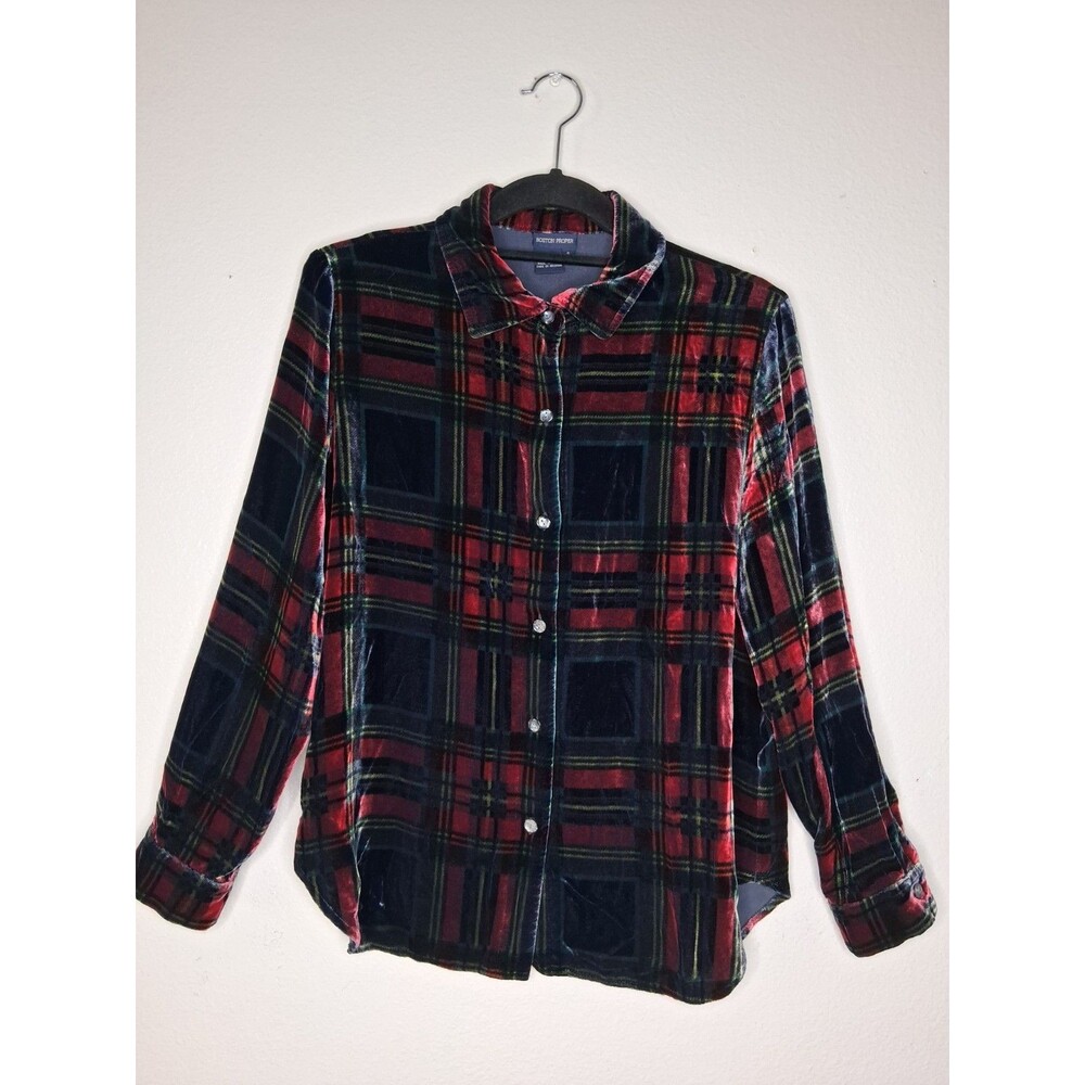 Boston Proper Holiday Multi Print Plaid Button Shirt Velvet Silk Blend Size S